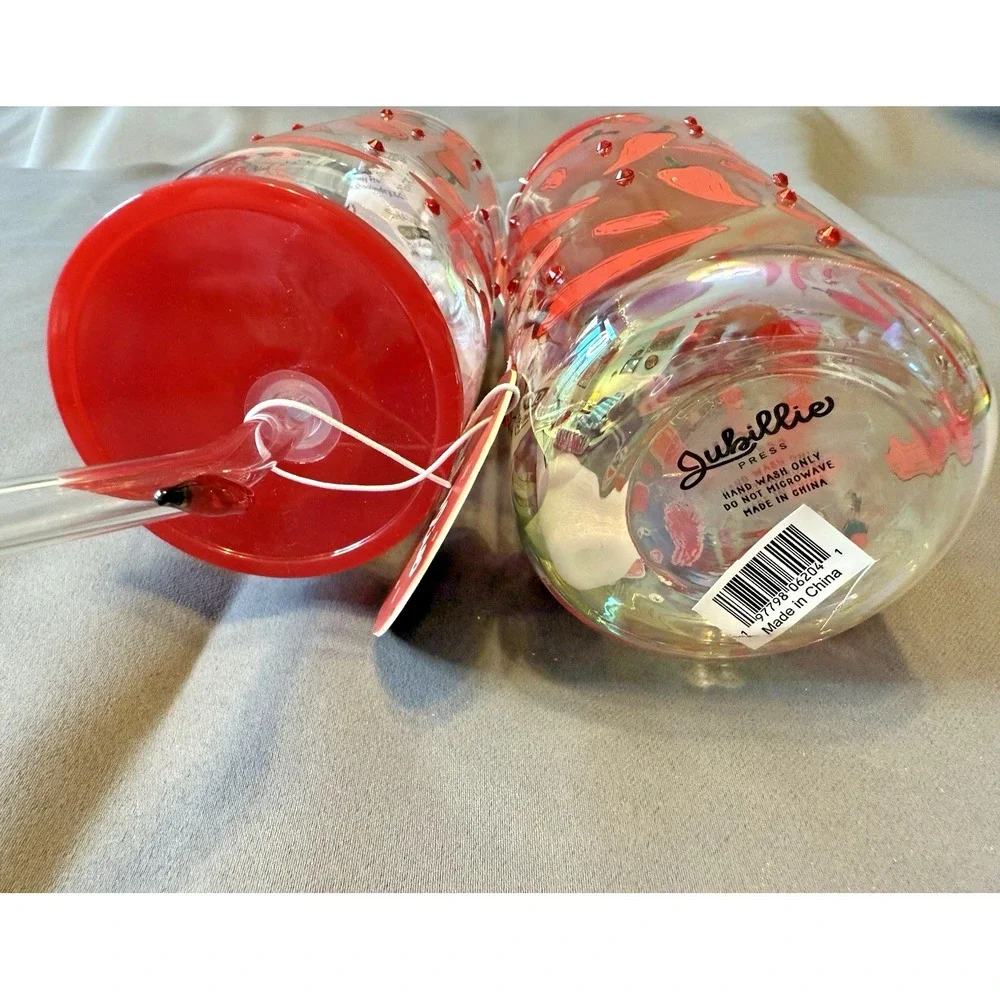 (2) Spicy Red Hot Chili Peppers Fiesta Jubilee Press Glass Tumblers Fused Straws